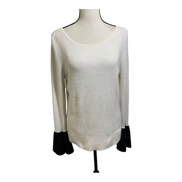 Ramy Brook womens  francette ribbed bell sleeves sweater. White black. Large - Picture 8 of 12